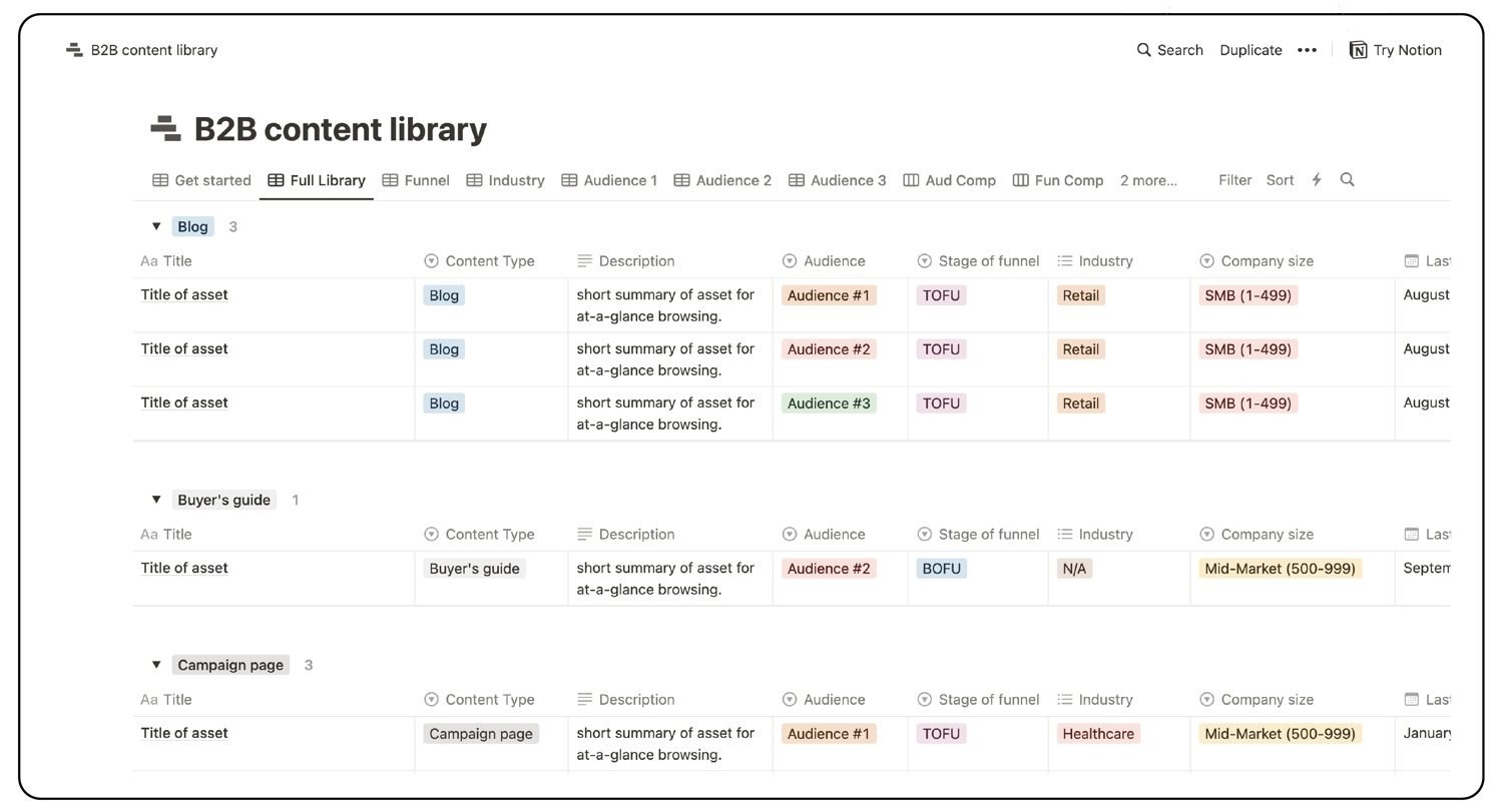 B2B content library template in Notion